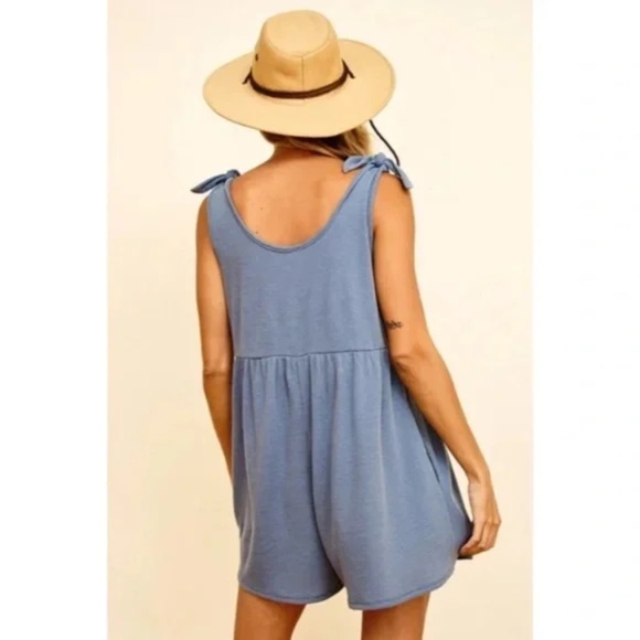 Blue Washed Denim Thermal Sleeveless Tie Romper w/ Pockets Boho Casual Summer - Picture 4 of 6